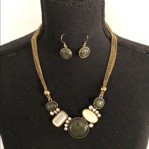 Dark green, white, & crystals on gold chain